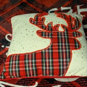 World Market Christmas Plaid Reindeer Beaded Decorative Pillow, NWT